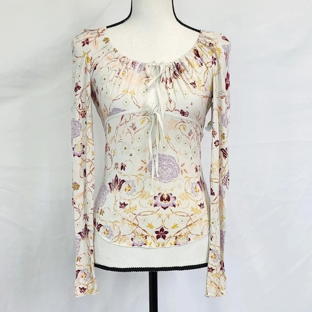 Free People Floral Fitted Scoop Keyhole Tie Neck Long Sleeve Top